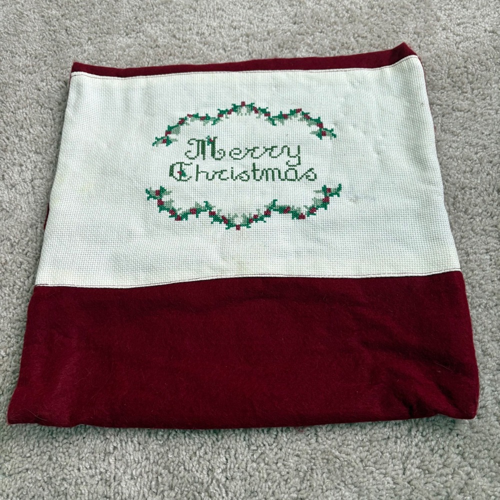 Handmade Vintage Merry Christmas Pillow‎ Cover Embroidered 16x16 No Pillow